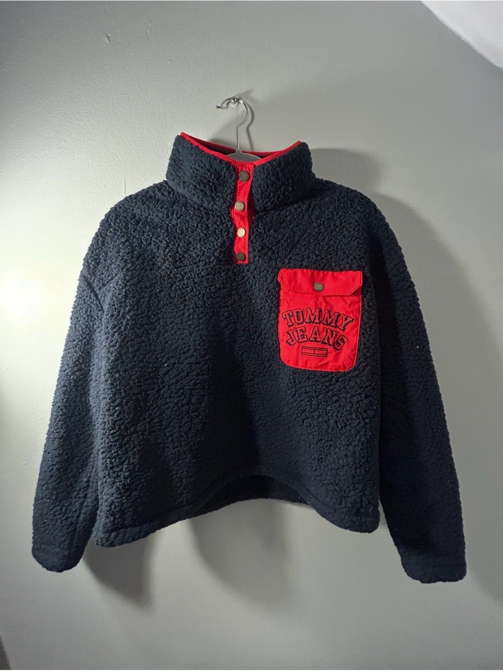 Tommy Jeans Sherpa Fleece Pullover Snap Mock Neck Red Trim Teddy Jacket Women M